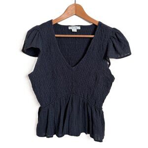 American Eagle Navy Blue Smocked V-Neck Flutter Sleeve Top – Size M